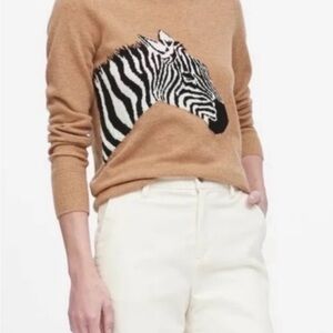 Banana Republic Camel Crewneck Sweater with Black & White Zebra Motif
